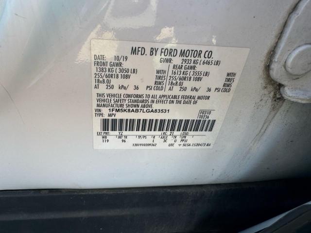 1FM5K8AB7LGA83531 - 2020 FORD EXPLORER POLICE INTERCEPTOR Beyaz fotoğraf 10