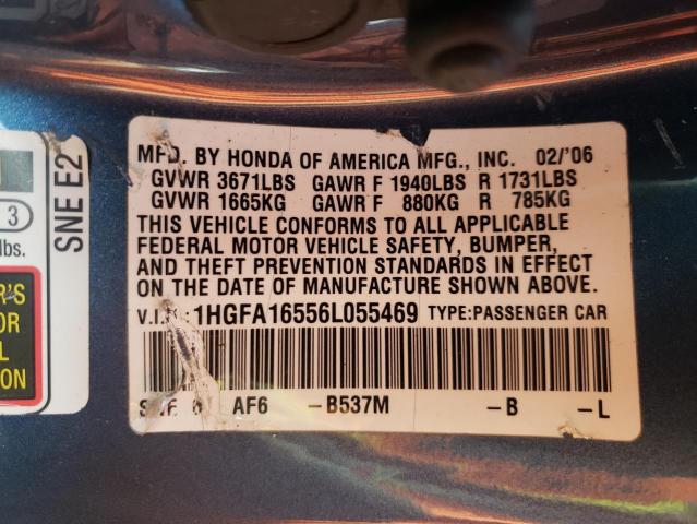 1HGFA16556L055469 - 2006 HONDA CIVIC LX BLUE photo 12