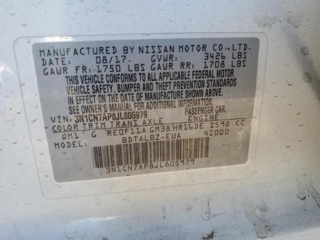 3N1CN7AP8JL805979 - 2018 NISSAN VERSA S WHITE photo 12