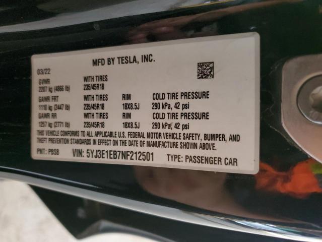 5YJ3E1EB7NF212501 - 2022 TESLA MODEL 3 Qara foto 13