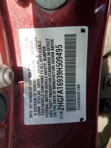 2HGFA16939H509495 - 2009 HONDA CIVIC EXL ბურგუნდია ფოტო 12