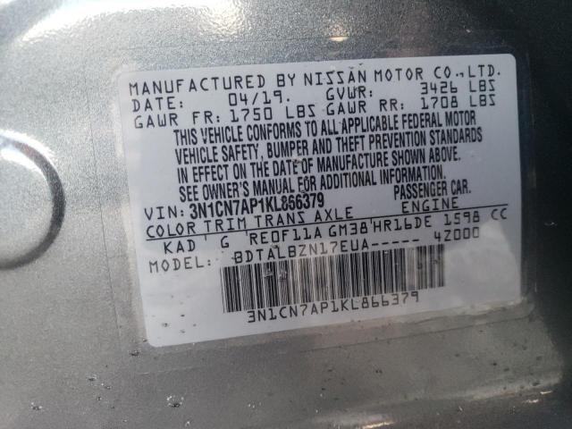 3N1CN7AP1KL866379 - 2019 NISSAN VERSA S GRAY photo 13