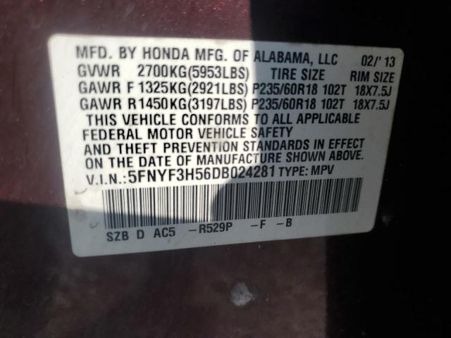 5FNYF3H56DB024281 - 2013 HONDA PILOT EXL BURGUNDY photo 14