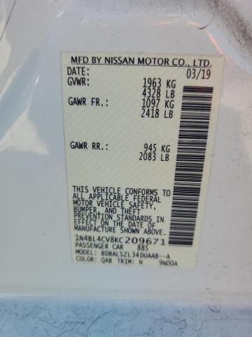 1N4BL4CV8KC209671 - 2019 NISSAN ALTIMA SR WHITE photo 12