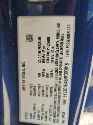 5YJ3E1EA3NF303918 - 2022 TESLA MODEL 3 ლურჯი ფოტო 12