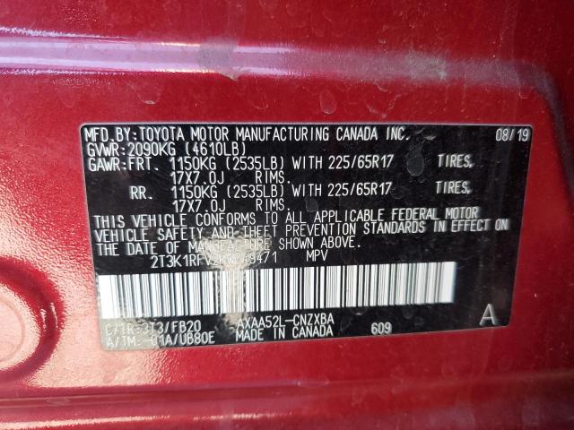 2T3K1RFV2KW049471 - 2019 TOYOTA RAV4 LE Қызыл фото 13