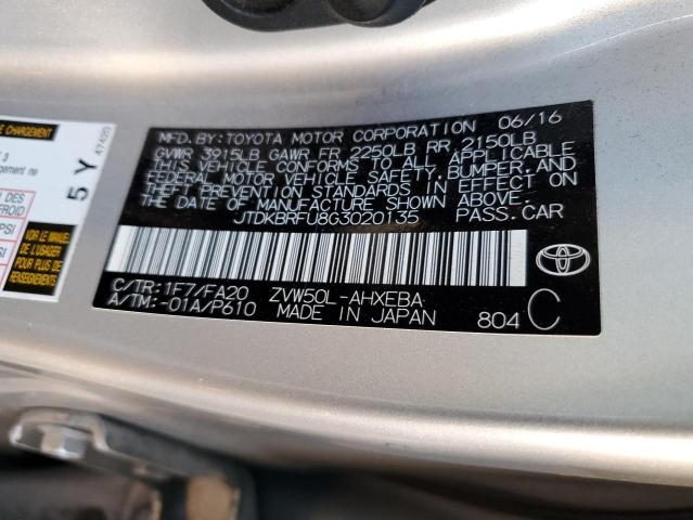 JTDKBRFU8G3020135 - 2016 TOYOTA PRIUS SILVER photo 13