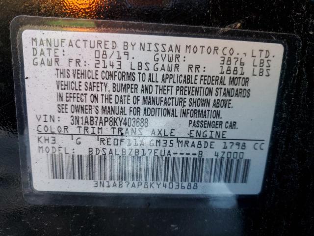 3N1AB7AP8KY403688 - 2019 NISSAN SENTRA S BLACK photo 13