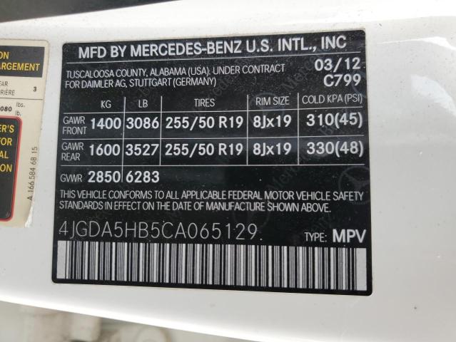 4JGDA5HB5CA065129 - 2012 MERCEDES-BENZ ML 350 4MATIC WHITE photo 13