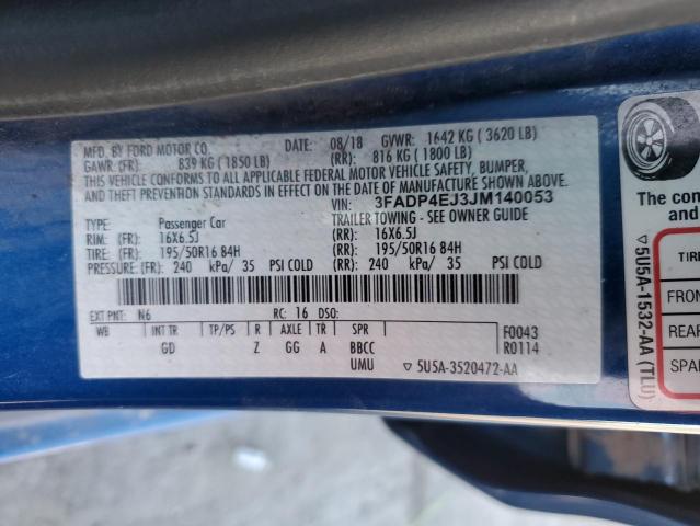 3FADP4EJ3JM140053 - 2018 FORD FIESTA SE BLUE photo 13