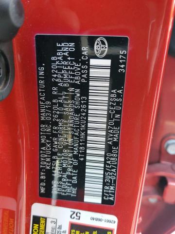 4T1B11HK1KU242613 - 2019 TOYOTA CAMRY L RED photo 12