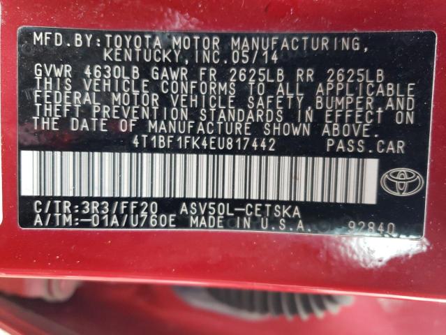 4T1BF1FK4EU817442 - 2014 TOYOTA CAMRY L RED photo 13