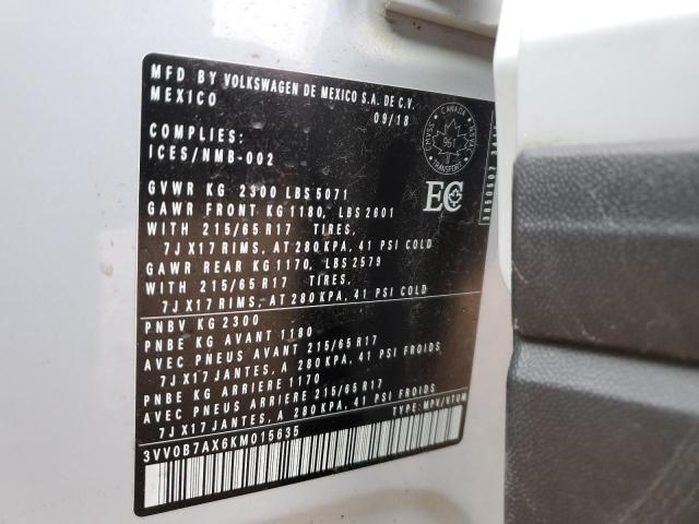 3VV0B7AX6KM015635 - 2019 VOLKSWAGEN TIGUAN S თეთრი ფოტო 14