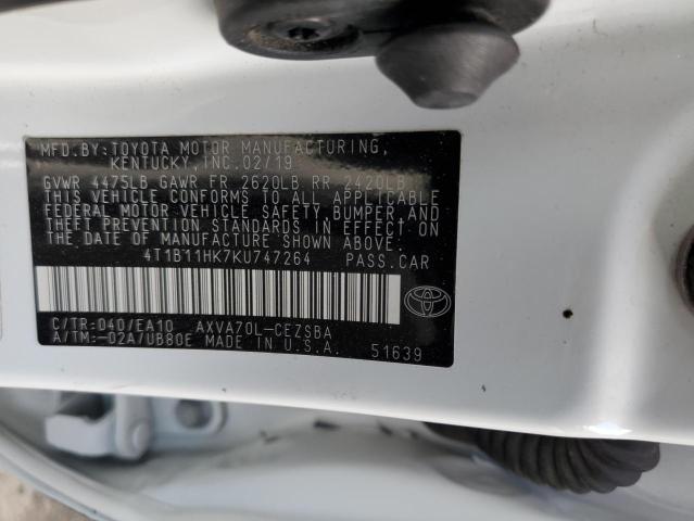 4T1B11HK7KU747264 - 2019 TOYOTA CAMRY L WHITE photo 12