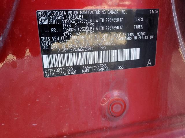 2T3BFREVXHW572393 - 2017 TOYOTA RAV4 LE 红色 照片 12