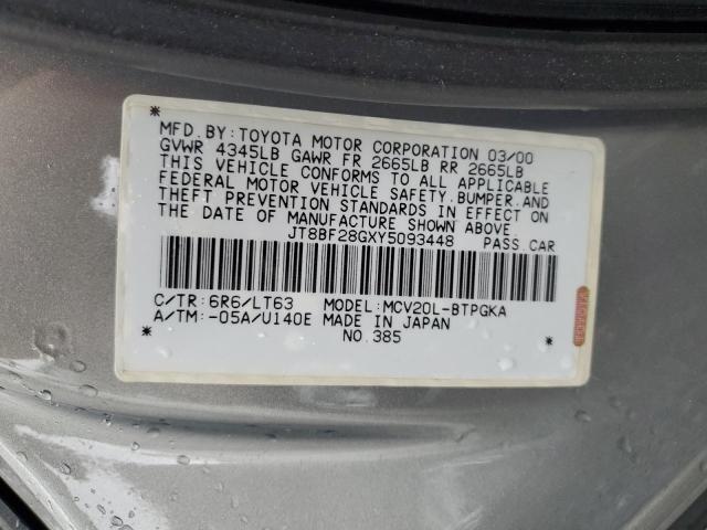 JT8BF28GXY5093448 - 2000 LEXUS ES 300 GRAY photo 12