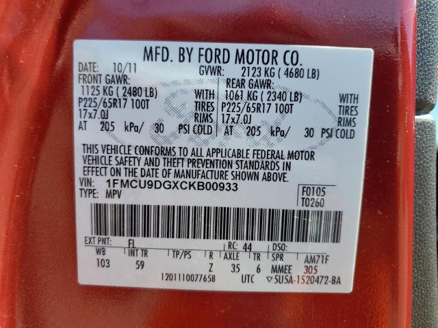 1FMCU9DGXCKB00933 - 2012 FORD ESCAPE XLT წითელი ფოტო 13