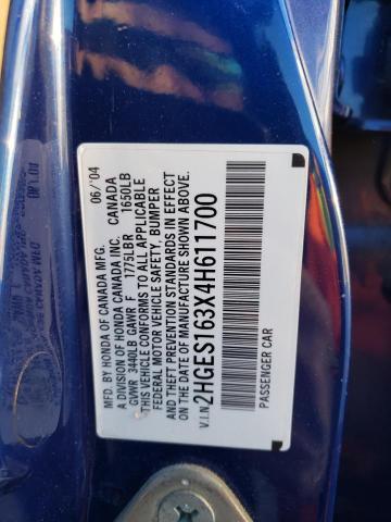 2HGES163X4H611700 - 2004 HONDA CIVIC DX VP Կապույտ լուսանկար 12