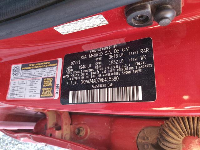 3KPA24AD7ME415580 - 2021 KIA RIO LX RED photo 12