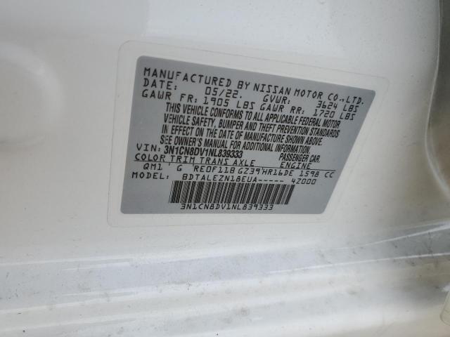 3N1CN8DV1NL839333 - 2022 NISSAN VERSA S WHITE photo 12