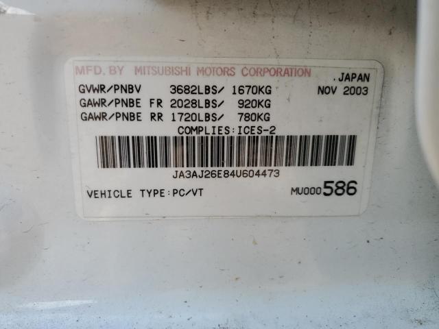 JA3AJ26E84U604473 - 2004 MITSUBISHI LANCER ES WHITE photo 12