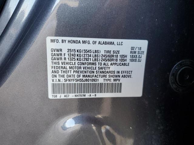 5FNYF5H55JB010931 - 2018 HONDA PILOT EXL Boz foto 13