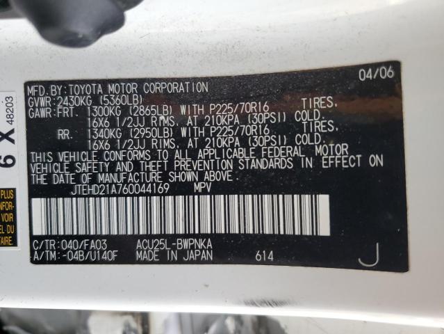 JTEHD21A760044169 - 2006 TOYOTA HIGHLANDER WHITE photo 12