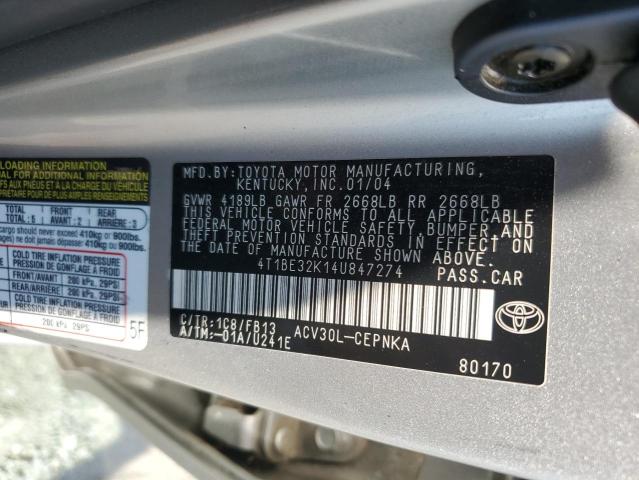4T1BE32K14U847274 - 2004 TOYOTA CAMRY LE SILVER photo 12