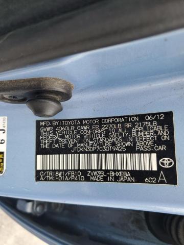 JTDKN3DP7C3019425 - 2012 TOYOTA PRIUS PLUG BLUE photo 12