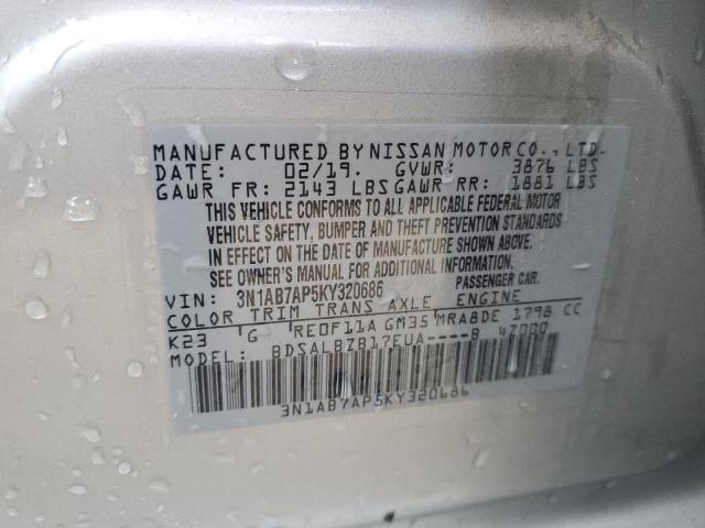 3N1AB7AP5KY320686 - 2019 NISSAN SENTRA S SILVER photo 12