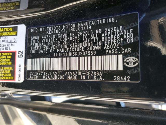 4T1B11HK5KU207959 - 2019 TOYOTA CAMRY L BLACK photo 12