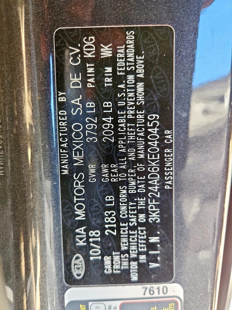 3KPF24AD6KE040459 - 2019 KIA FORTE FE გრაფიტი ფოტო 12