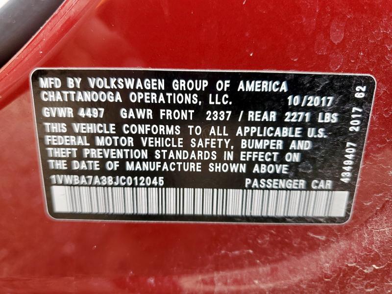 1VWBA7A38JC012045 - 2018 VOLKSWAGEN PASSAT SE Bordo fotoğraf 12