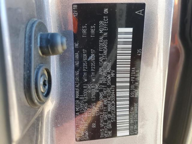 5TDYZ3DC3KS994478 - 2019 TOYOTA SIENNA XLE GRAY photo 13