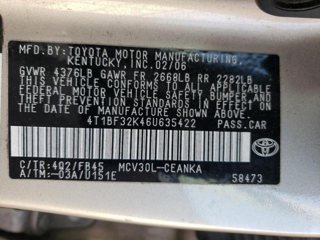 4T1BF32K46U635422 - 2006 TOYOTA CAMRY LE BEIGE photo 12