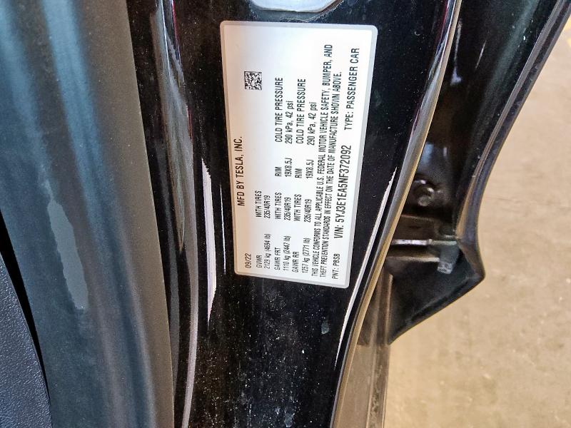 5YJ3E1EA5NF372092 - 2022 TESLA MODEL 3 შავი ფოტო 12