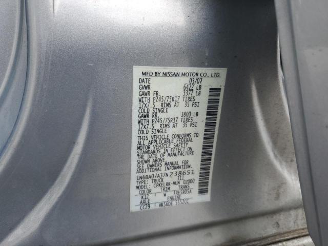 1N6BA07A37N238651 - 2007 NISSAN TITAN XE 银色 照片 12