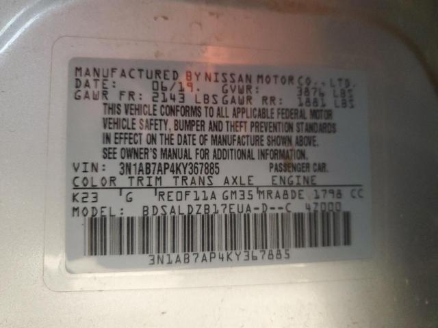 3N1AB7AP4KY367885 - 2019 NISSAN SENTRA S SILVER photo 12