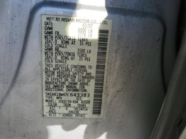 5N1AR18W47C643383 - 2007 NISSAN PATHFINDER LE ვერცხლისფერი ფოტო 12