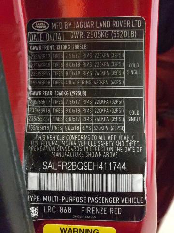 SALFR2BG9EH411744 - 2014 LAND ROVER LR2 HSE RED photo 12