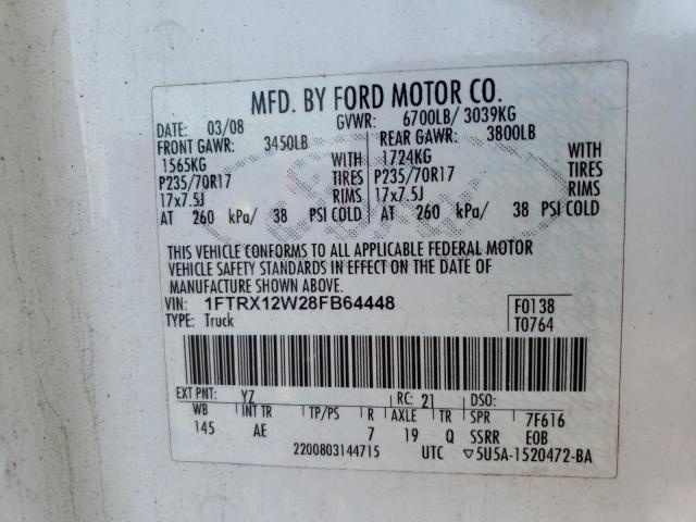 1FTRX12W28FB64448 - 2008 FORD F150 WHITE photo 12