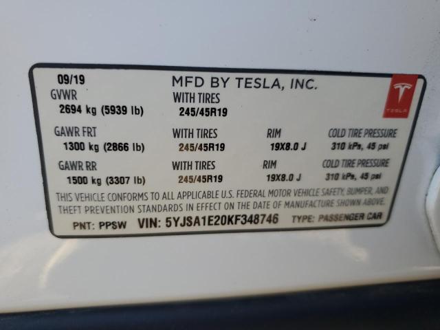 5YJSA1E20KF348746 - 2019 TESLA MODEL S WHITE photo 13