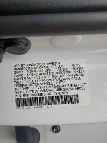 5FNYF8H00NB007902 - 2022 HOND PASSPORT ELITE WHITE photo 10