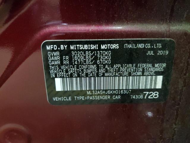 ML32A5HJ6KH016307 - 2019 MITSUBISHI MIRAGE LE MAROON photo 12