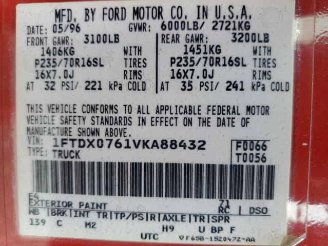 1FTDX0761VKA88432 - 1997 FORD F150 RED photo 13