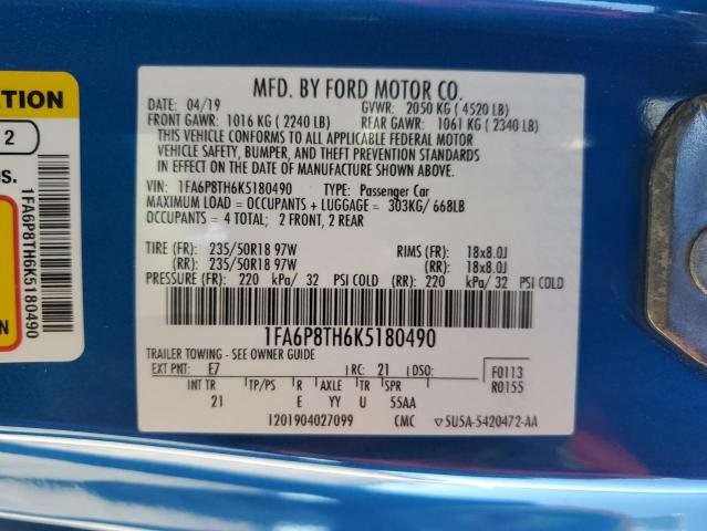 1FA6P8TH6K5180490 - 2019 FORD MUSTANG BLUE photo 12