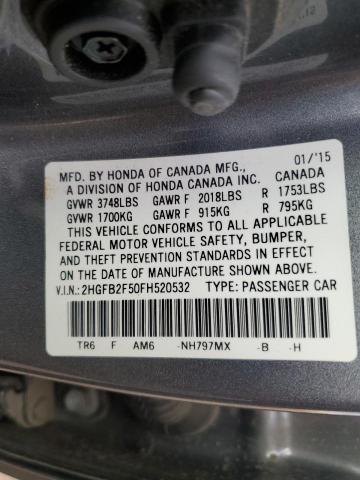 2HGFB2F50FH520532 - 2015 HONDA CIVIC LX GRAY photo 12