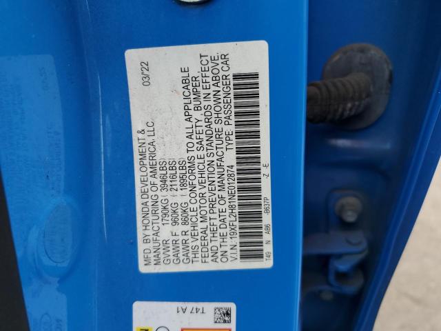 19XFL2H81NE012874 - 2022 HONDA CIVIC SPORT ლურჯი ფოტო 12