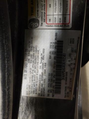 3FAHP0JGXCR192581 - 2012 FORD FUSION SEL GRAY photo 12