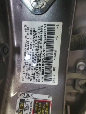 1HGFA16569L027720 - 2009 HONDA CIVIC LX GRAY photo 12